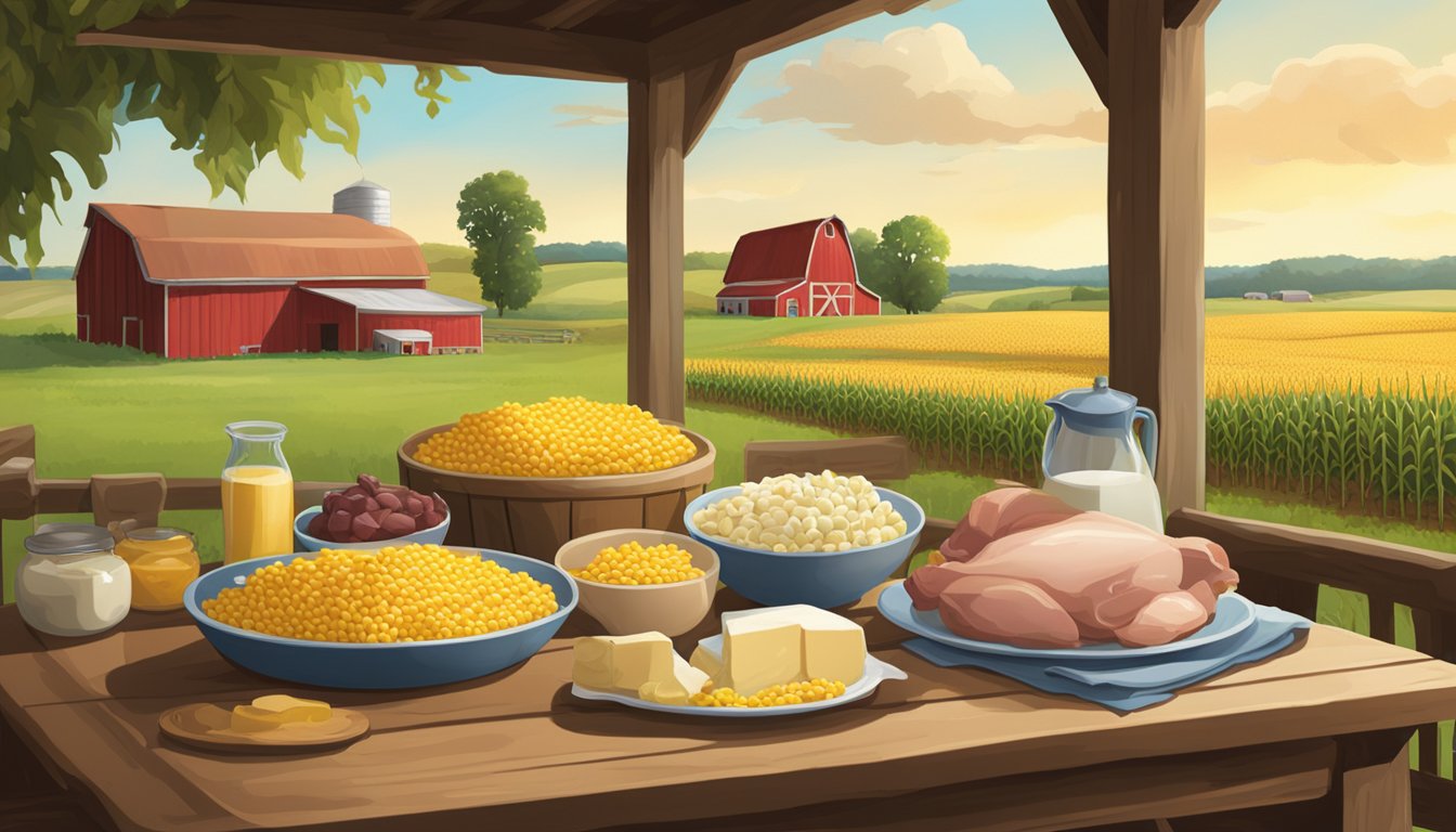 A table filled with corn, pork, and dairy products, surrounded by fields and a barn in the background