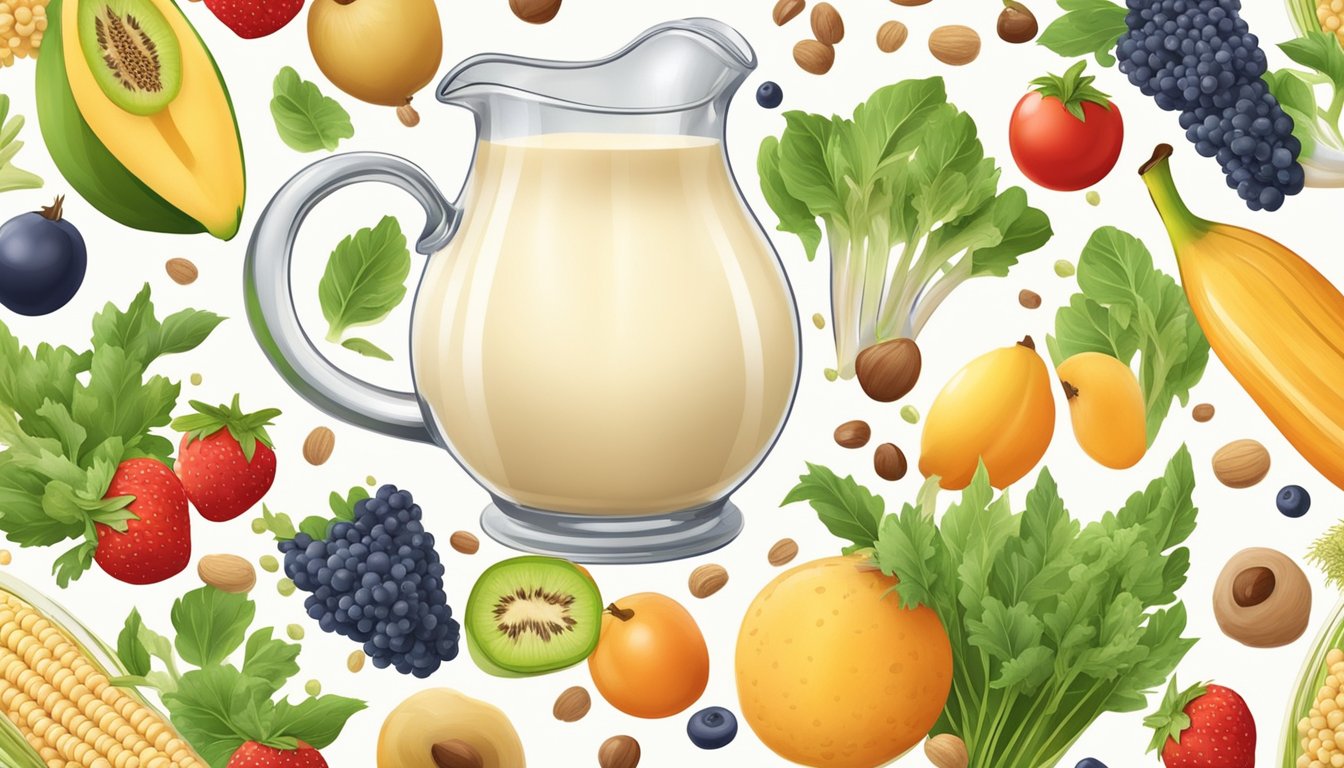 A glass pitcher overflowing with quinoa milk, surrounded by quinoa grains and a variety of fresh fruits and vegetables