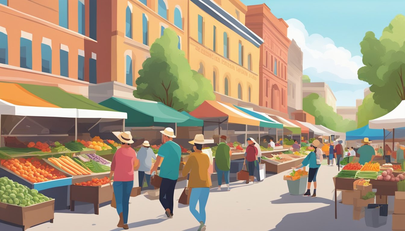 A bustling farmers market with colorful stalls selling fresh vegetables, fruits, and locally sourced meats and cheeses from Montana