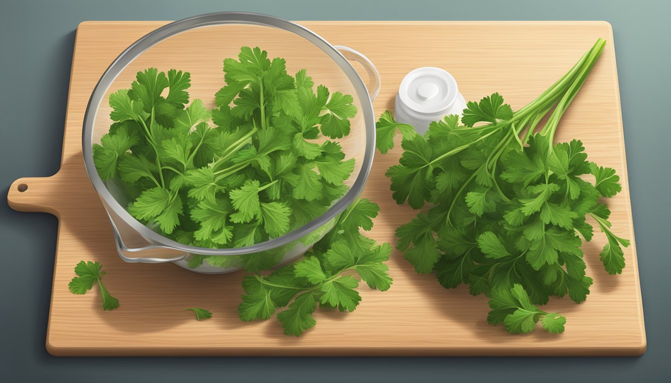 A bunch of fresh parsley sitting on a cutting board next to a measuring cup