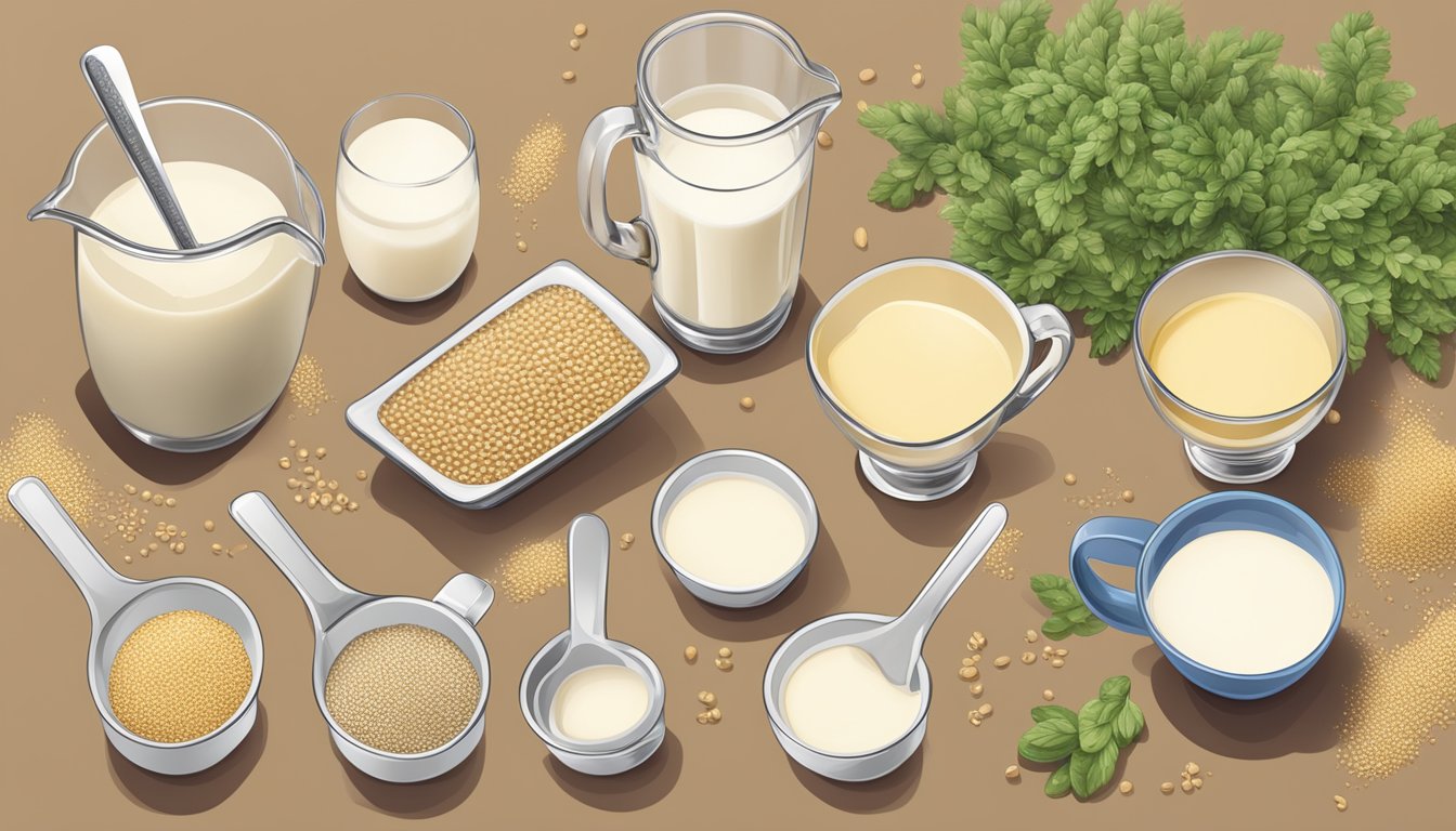 A table with various portions of quinoa milk, ranging from small to large, surrounded by measuring cups and spoons