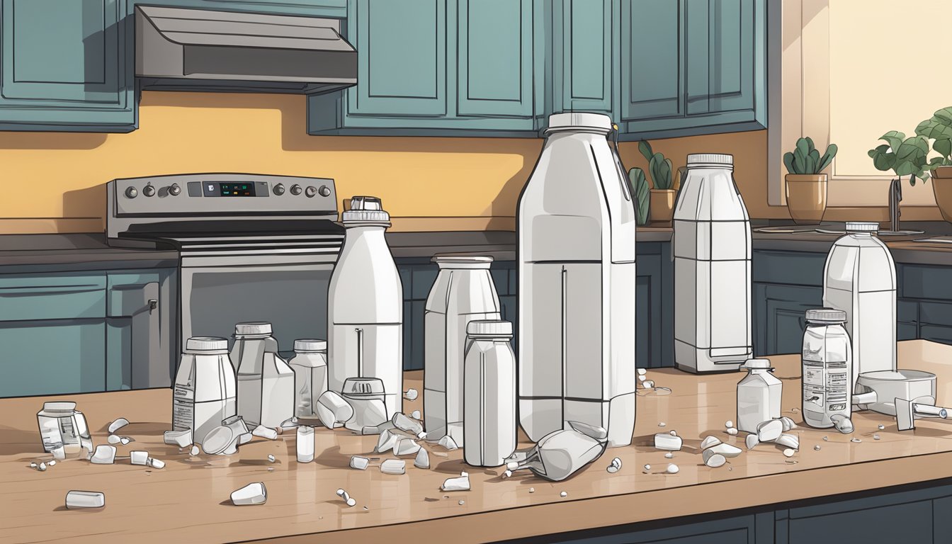 A kitchen counter with multiple empty Muscle Milk Pro shake bottles scattered around, some toppled over