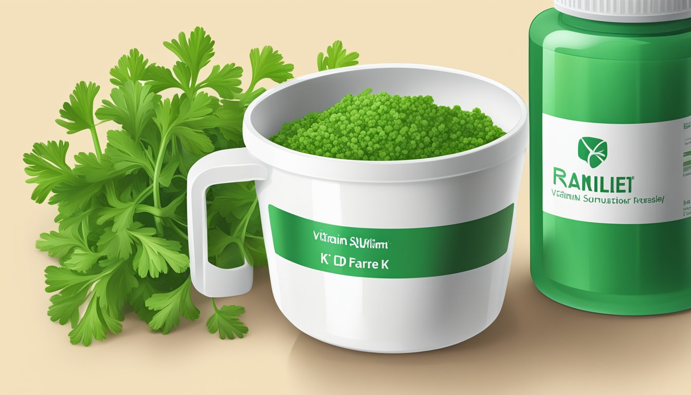 A measuring cup filled with fresh parsley next to a vitamin K supplement bottle