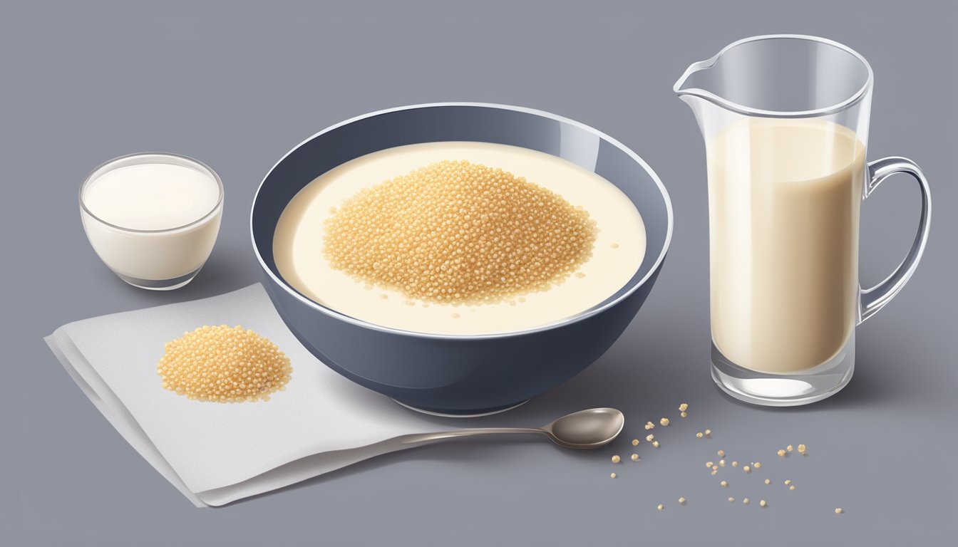 A table with a glass of quinoa milk and a measuring cup. A chart showing servings and a question mark