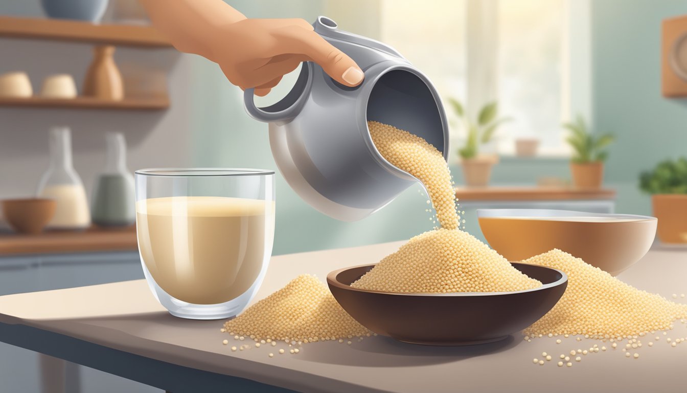 A person pouring quinoa milk into a glass from a pitcher, with a bowl of quinoa grains in the background