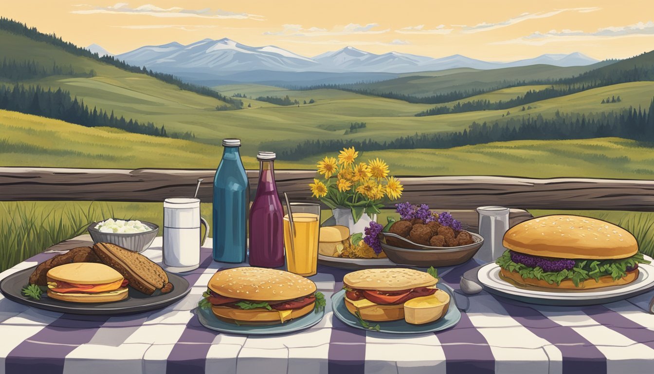 A rustic picnic table set against a backdrop of rolling Montana hills, adorned with a spread of local seasonal fare including huckleberry pie, bison burgers, and freshly picked wildflowers