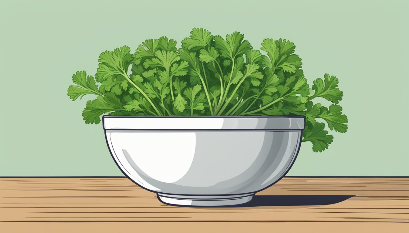 A bowl of parsley with a measuring cup next to it, indicating the amount needed for adequate vitamin K intake