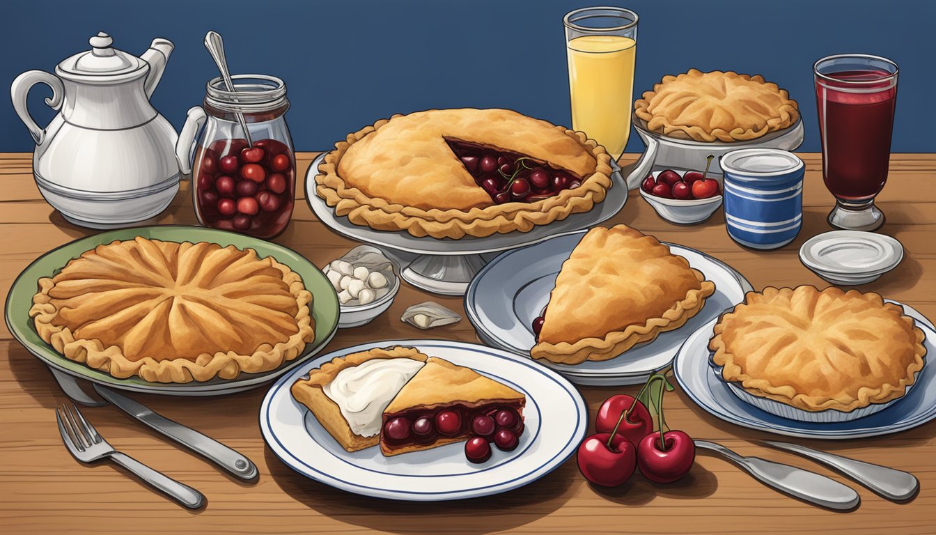 A table set with a bounty of Michigan's culinary delights, including pasties, cherry pie, and whitefish