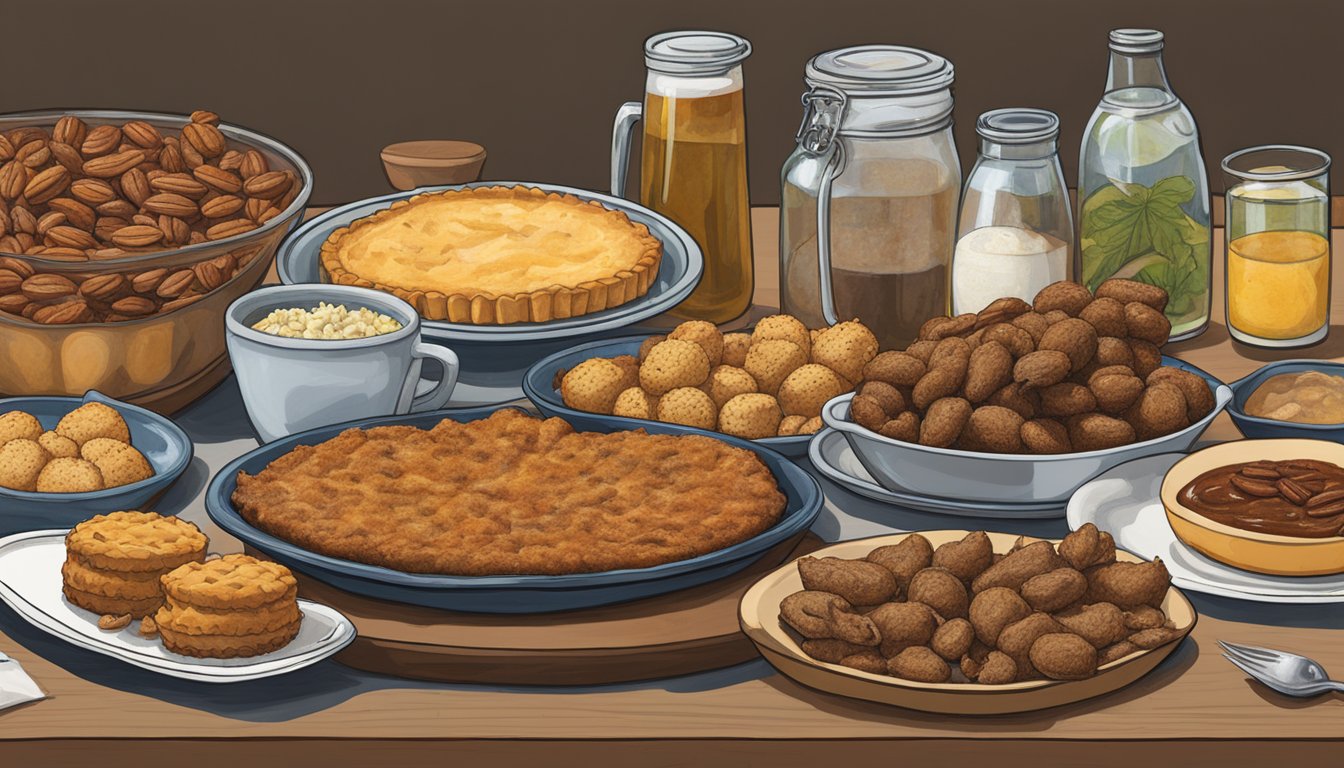 A table spread with Mississippi specialties: catfish, hushpuppies, and pecan pie