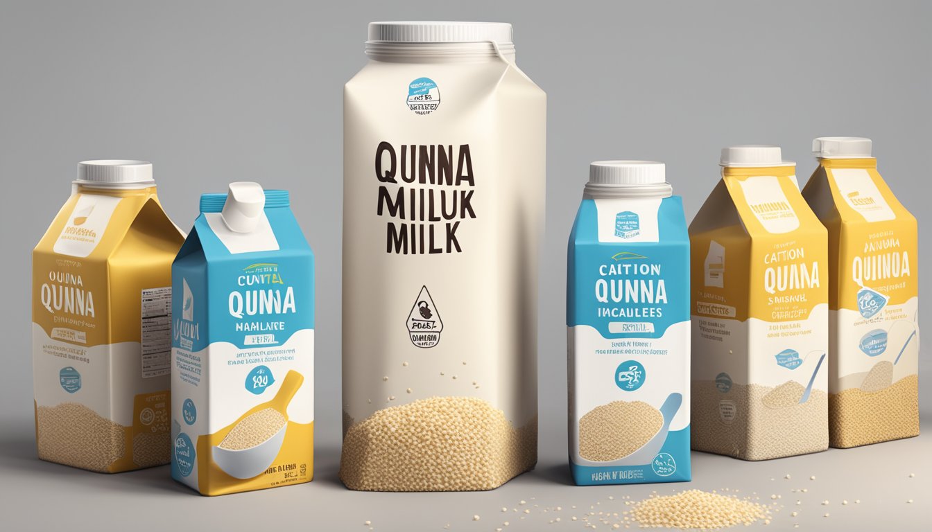 A stack of overflowing quinoa milk cartons, with caution signs and a measuring cup nearby