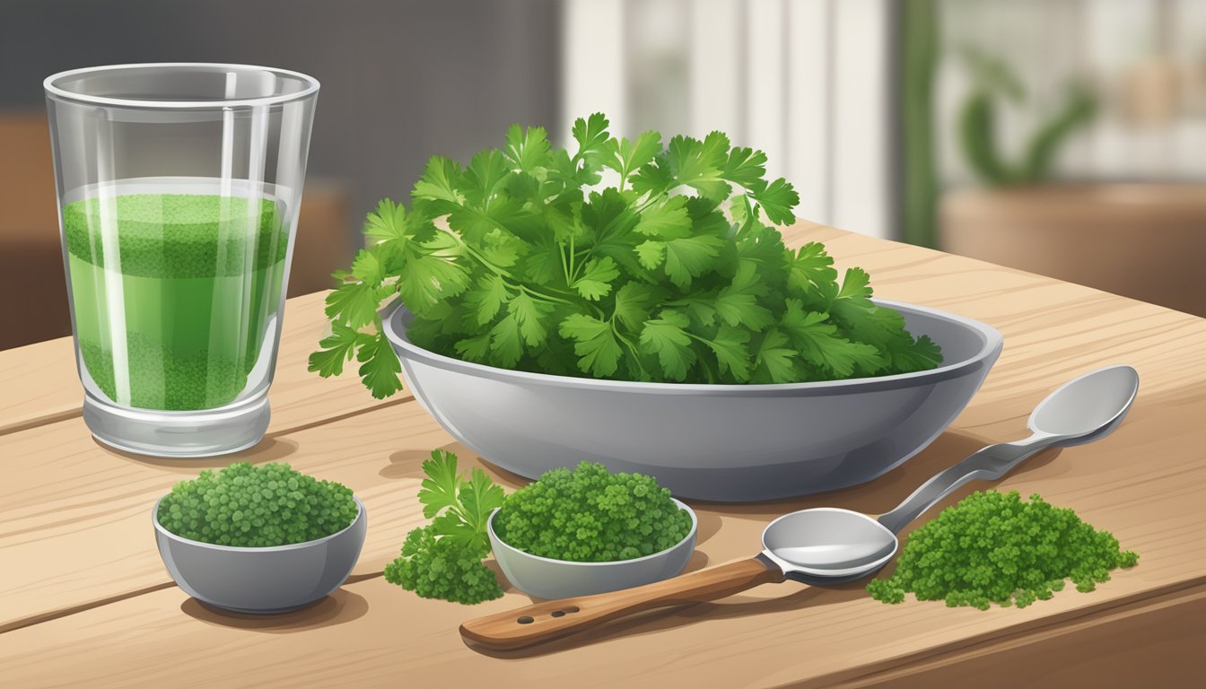 A table with various cups of parsley, a measuring spoon, and a vitamin K chart