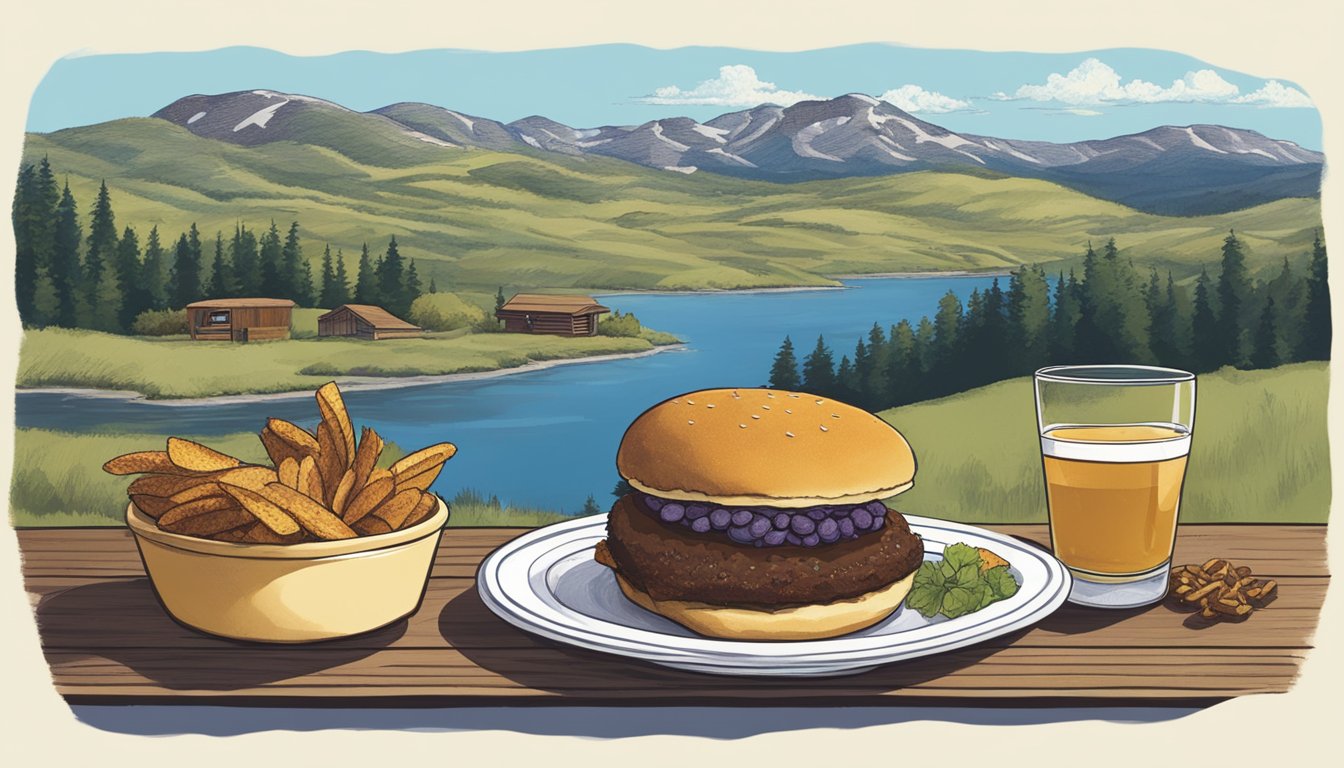 A table spread with huckleberry pie, bison burgers, and trout, set against a backdrop of rolling Montana hills and a clear blue sky