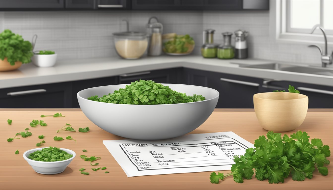 A bowl of fresh parsley leaves spilling out onto a kitchen counter, surrounded by measuring cups and a nutrition label with the recommended daily intake of vitamin K