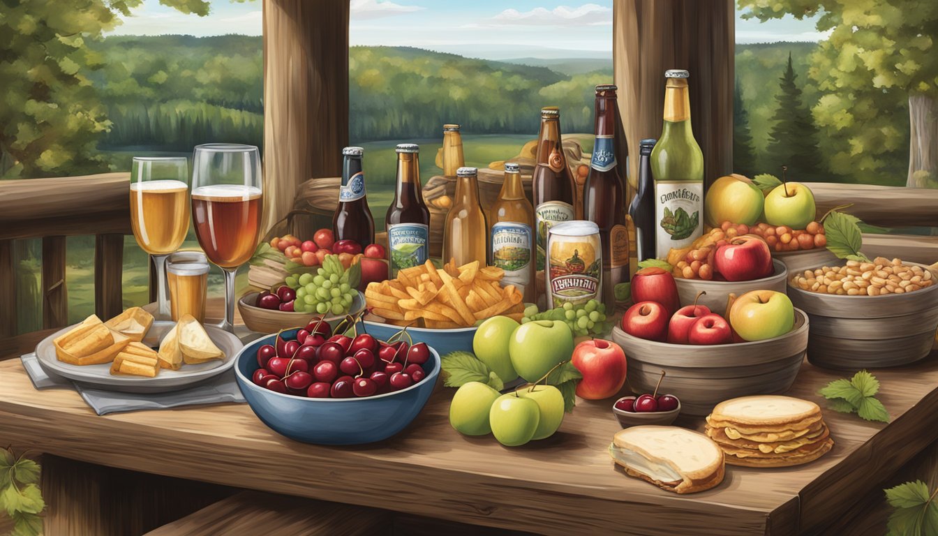 A table with a variety of Michigan's famous foods and beverages, such as cherries, apples, craft beer, and wine, displayed in a rustic setting