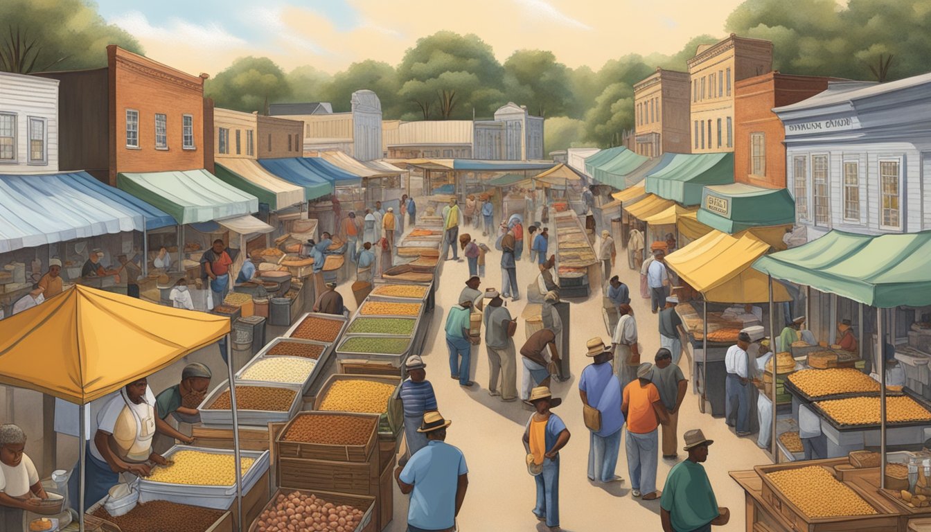 A bustling outdoor market filled with vendors selling traditional Mississippi dishes like catfish, gumbo, and cornbread. The aroma of southern spices fills the air