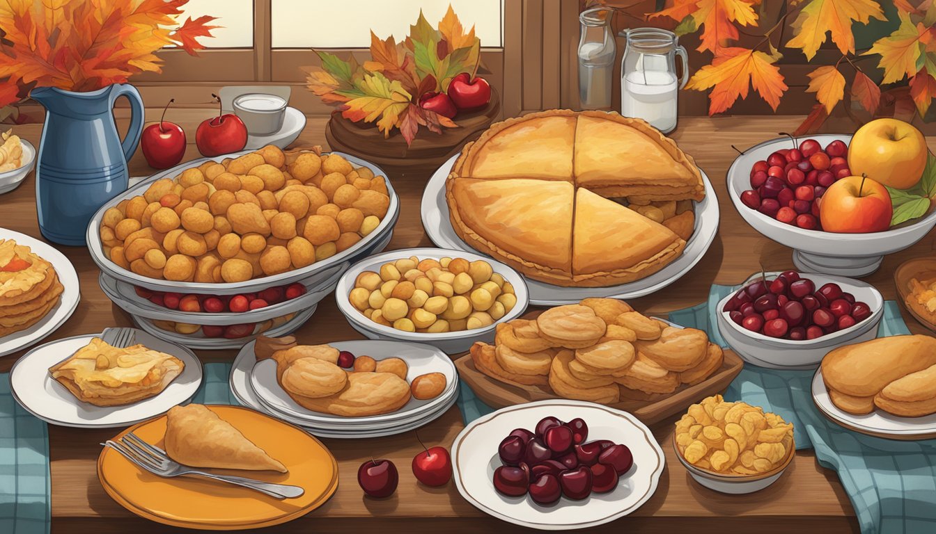 A table filled with Michigan's seasonal and regional delights, including cherries, apples, pasties, and whitefish, surrounded by vibrant fall foliage