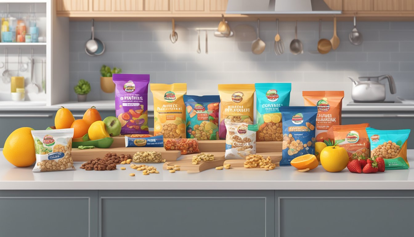 A kitchen counter with an assortment of bulk snack bars in various flavors and packaging. A bowl of fresh fruit sits nearby