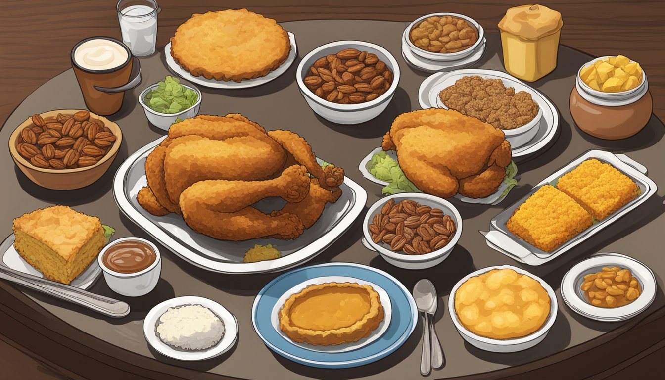 A table filled with dishes of Southern cuisine, including fried chicken, cornbread, and pecan pie, representing the diverse food culture of Mississippi