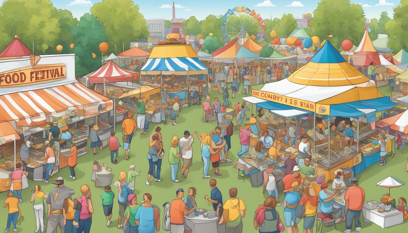 A bustling Michigan food festival with vendors serving up famous dishes like pasties, cherry pie, and coneys, while visitors enjoy live music and carnival games