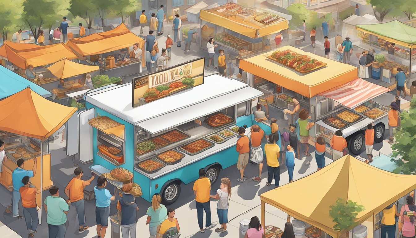 A bustling food truck festival with a diverse range of cuisines, from Korean tacos to Detroit-style pizza. The crowd enjoys the fusion flavors under the Michigan sun