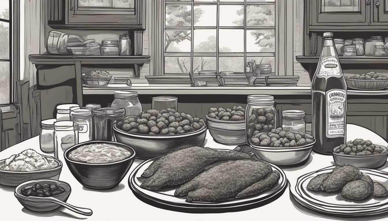 A table spread with Mississippi delicacies: catfish, gumbo, hushpuppies, and pecan pie. A bottle of sweet tea and a jar of homemade preserves complete the scene