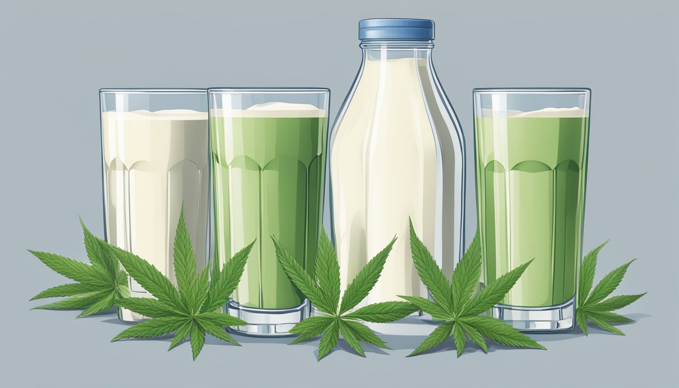 A carton of hemp milk surrounded by multiple empty glasses, indicating multiple servings