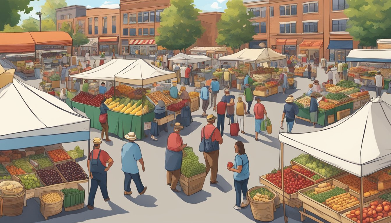 A bustling farmers market in Michigan, with vendors selling famous local foods like cherries, apples, blueberries, and artisanal cheeses