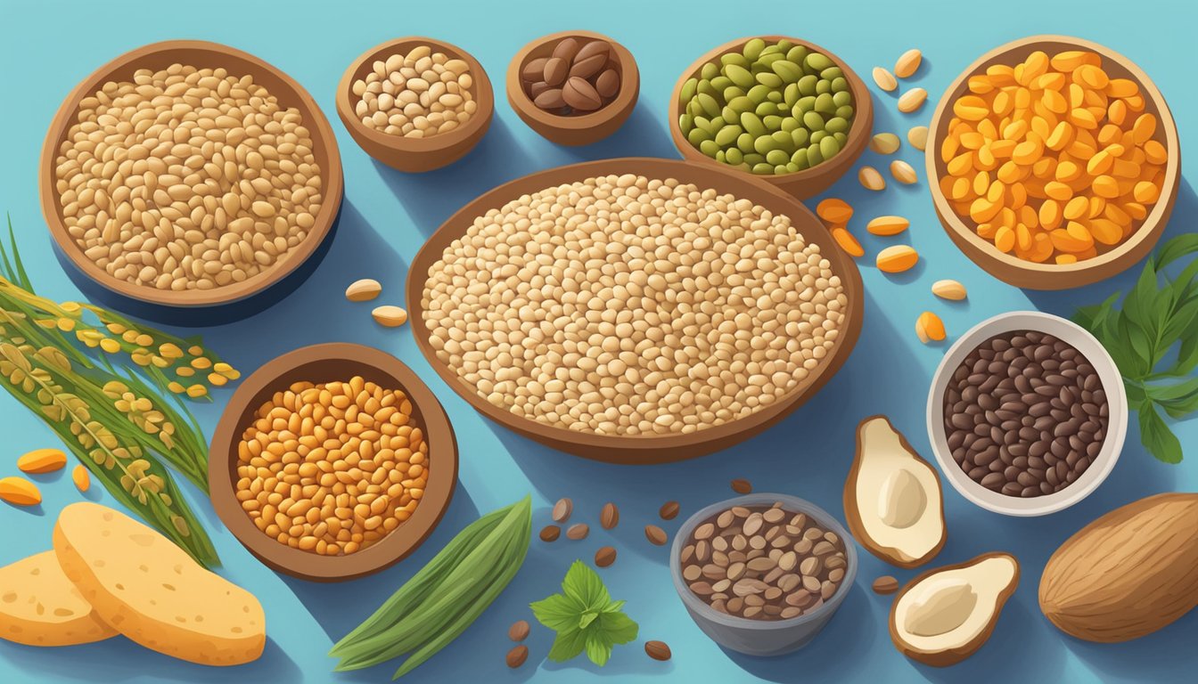 A colorful assortment of thiamine-rich foods, such as whole grains, legumes, nuts, and seeds, arranged on a vibrant, inviting table