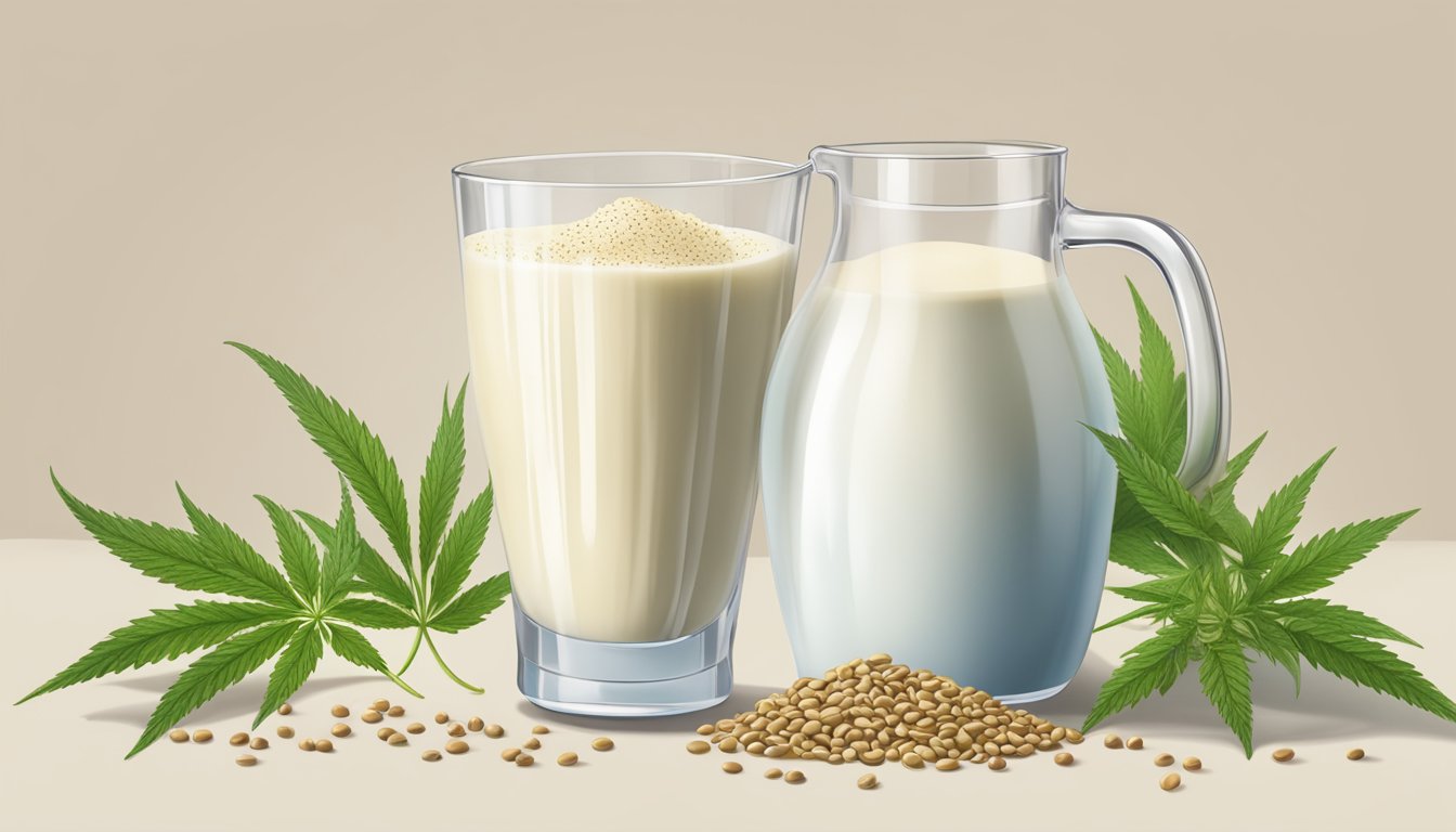 A glass of hemp milk overflowing with multiple servings, surrounded by hemp seeds and a measuring cup