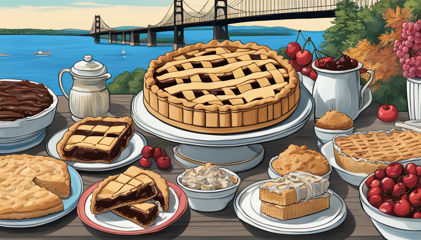 A table spread with cherry pies, fudge, and smoked fish, surrounded by Michigan landmarks like the Great Lakes and the Mackinac Bridge