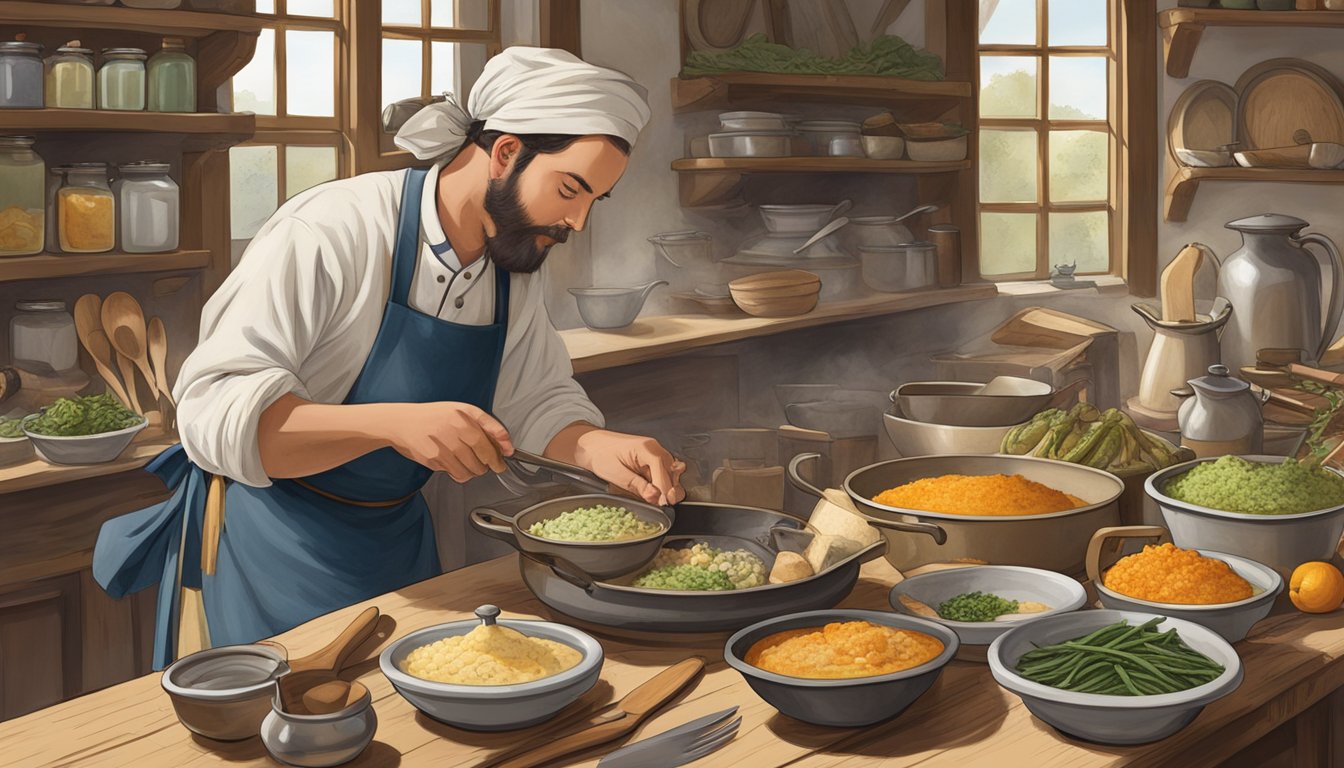 A colonial cook preparing a traditional New Hampshire dish, surrounded by locally sourced ingredients and historical cooking utensils