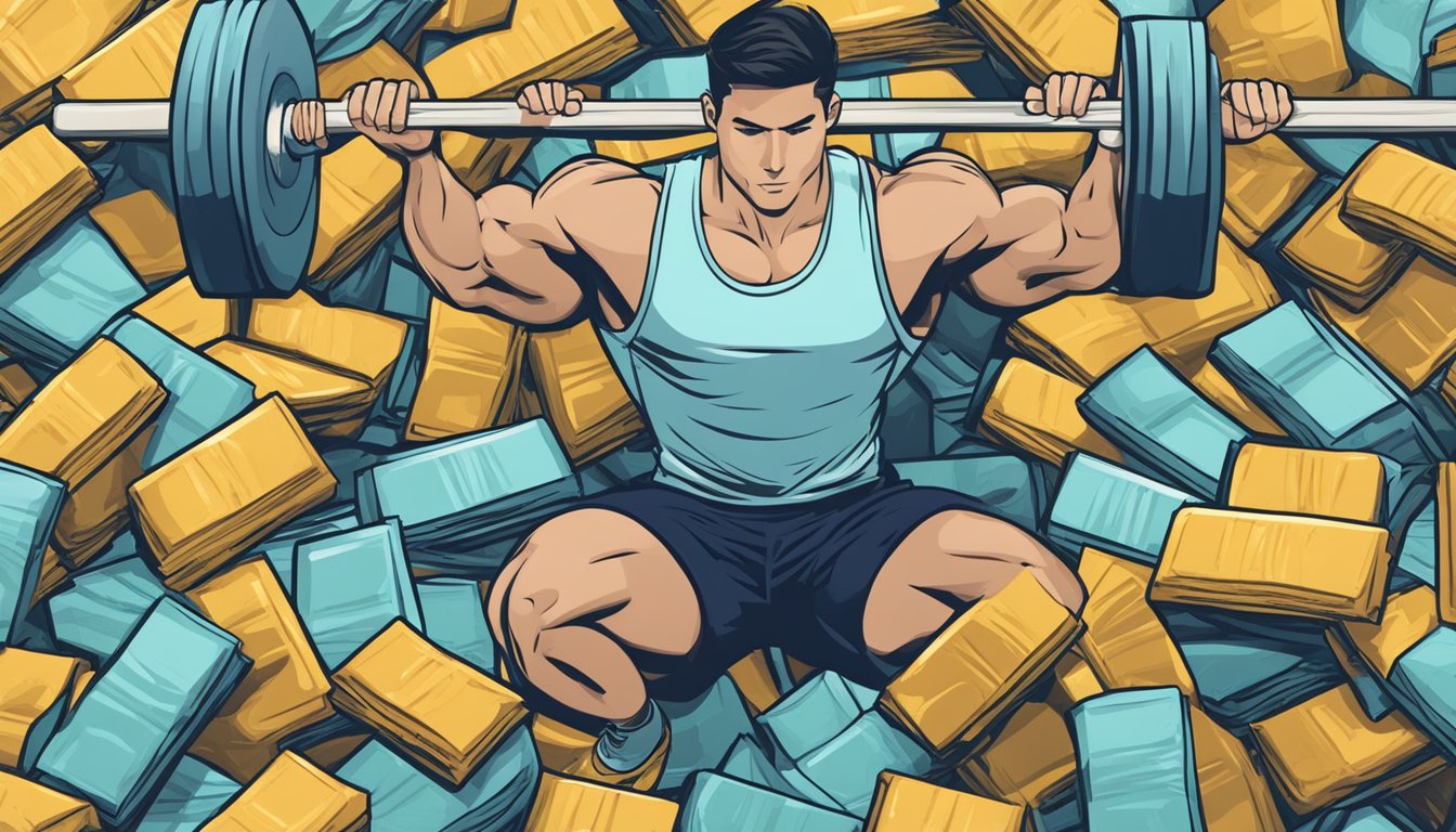 A pile of empty bulk snack bar wrappers surrounds a person lifting weights, indicating they may have consumed too many servings for muscle building and recovery