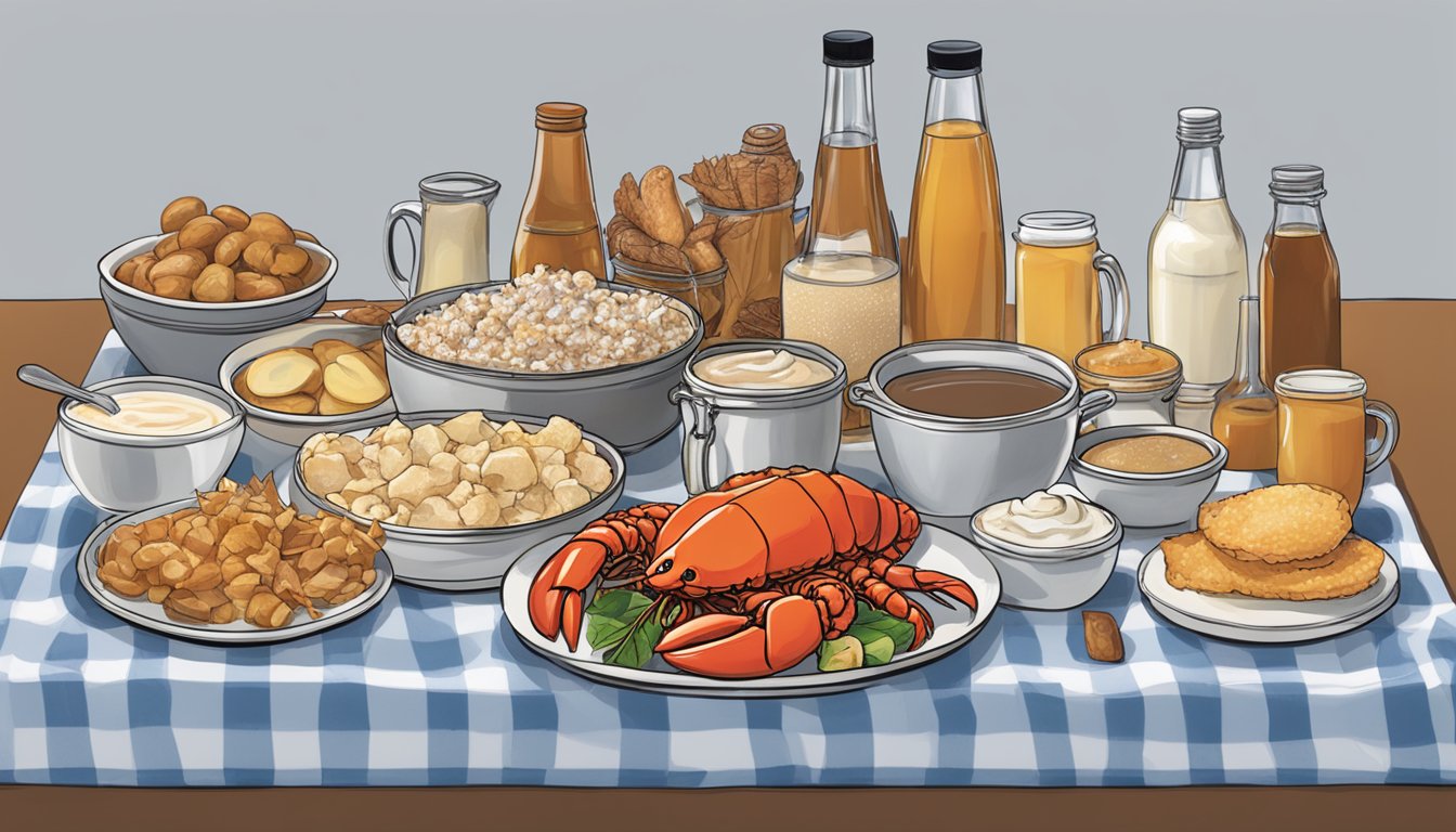 A table filled with New Hampshire specialties: maple syrup, apple cider, lobster, and clam chowder