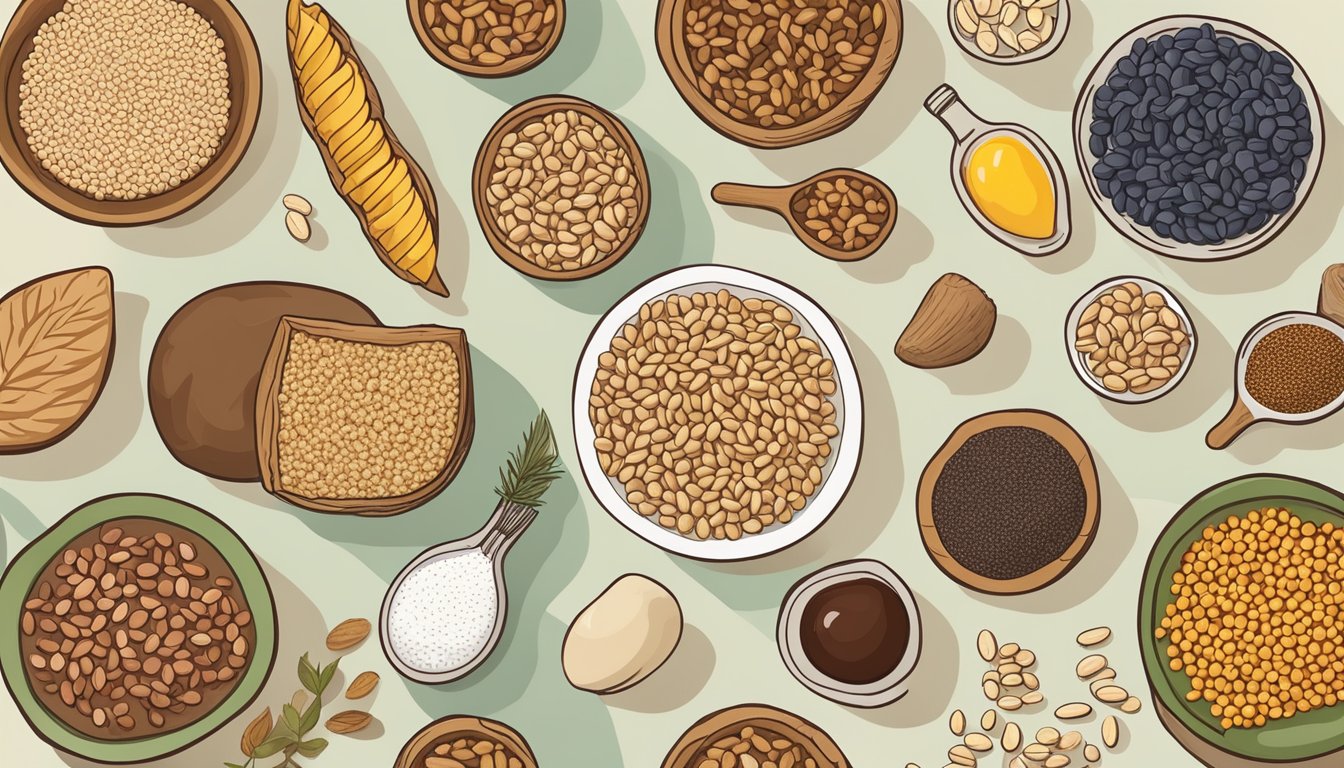 A variety of thiamine-rich foods arranged on a table, including whole grains, nuts, seeds, and legumes. An open book on brain function sits nearby