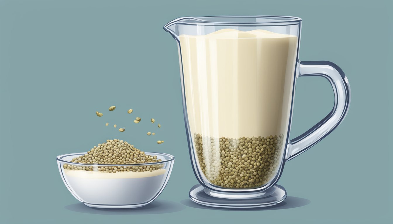 A glass of hemp milk overflowing with hemp seeds and a measuring cup showing multiple servings