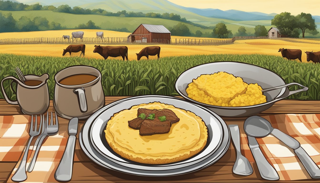 A table set with a hearty meal of cornbread, steak, and mashed potatoes, surrounded by fields of corn and cattle grazing in the distance