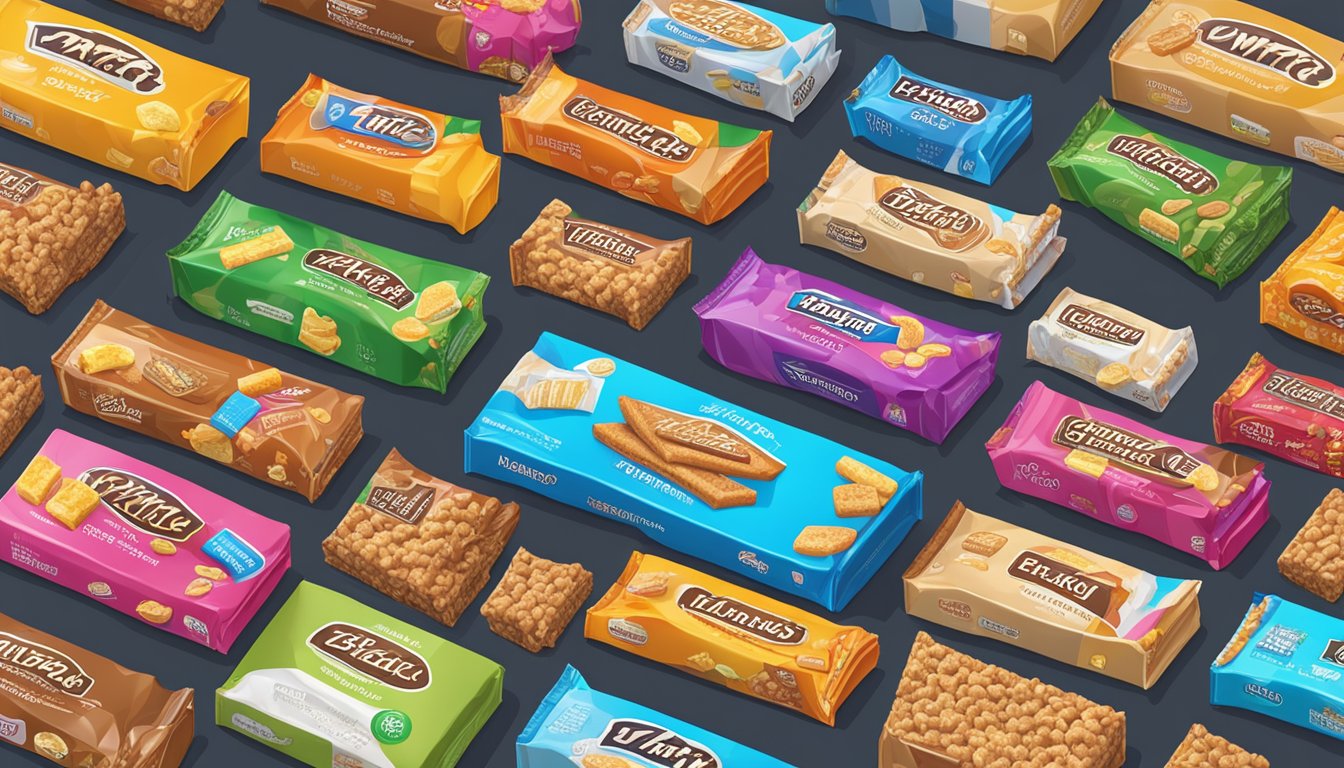 A variety of bulk snack bars piled high on a table, with different flavors and packaging options displayed