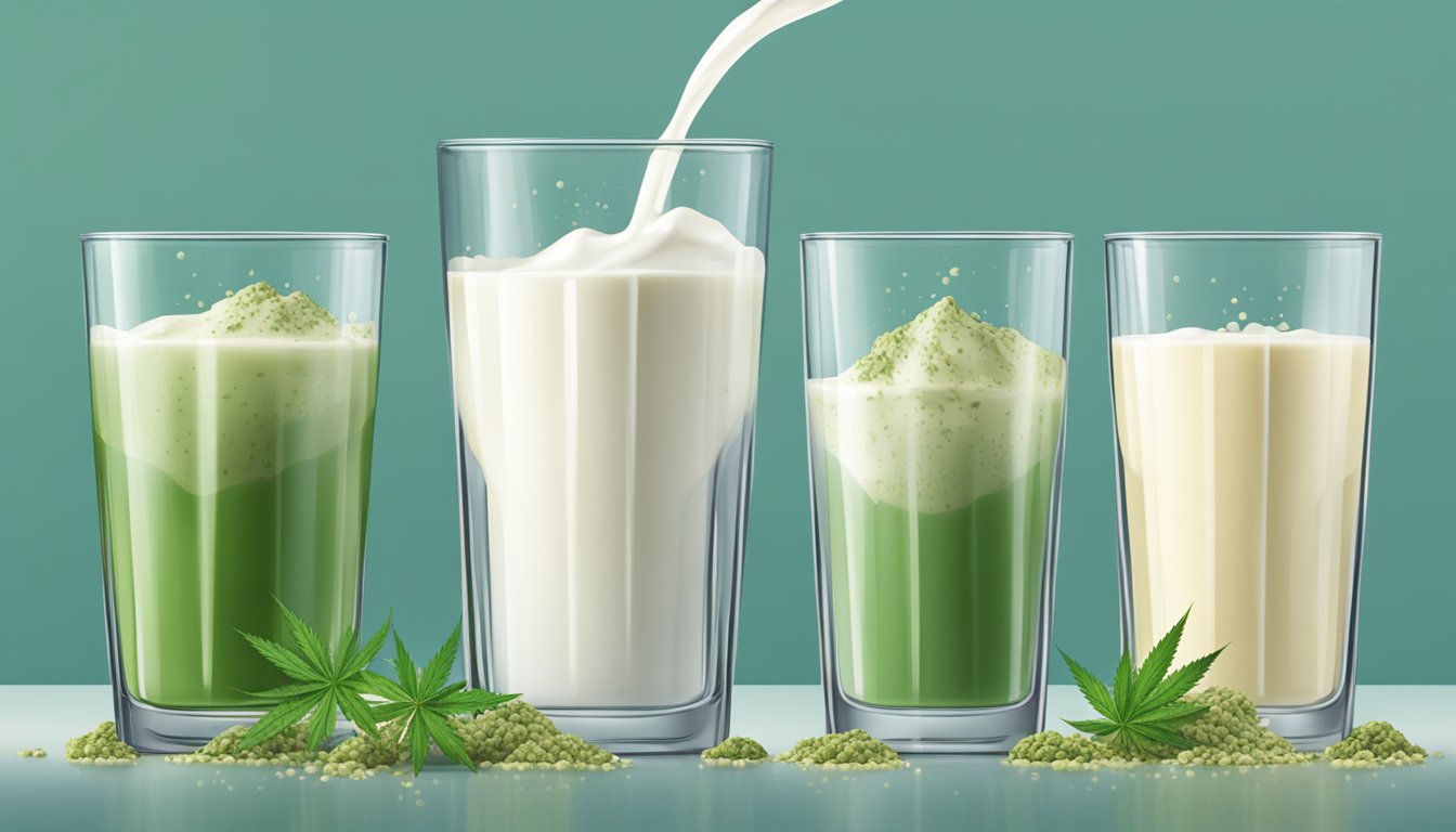 A glass of hemp milk overflowing with multiple servings, surrounded by empty glasses