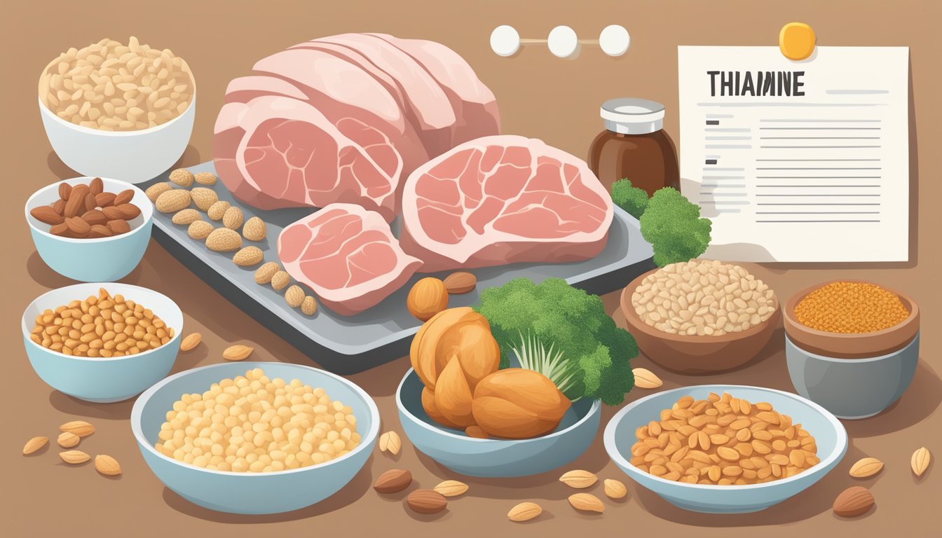 A table set with a variety of thiamine-rich foods such as pork, nuts, and whole grains, with a brain-shaped diagram in the background