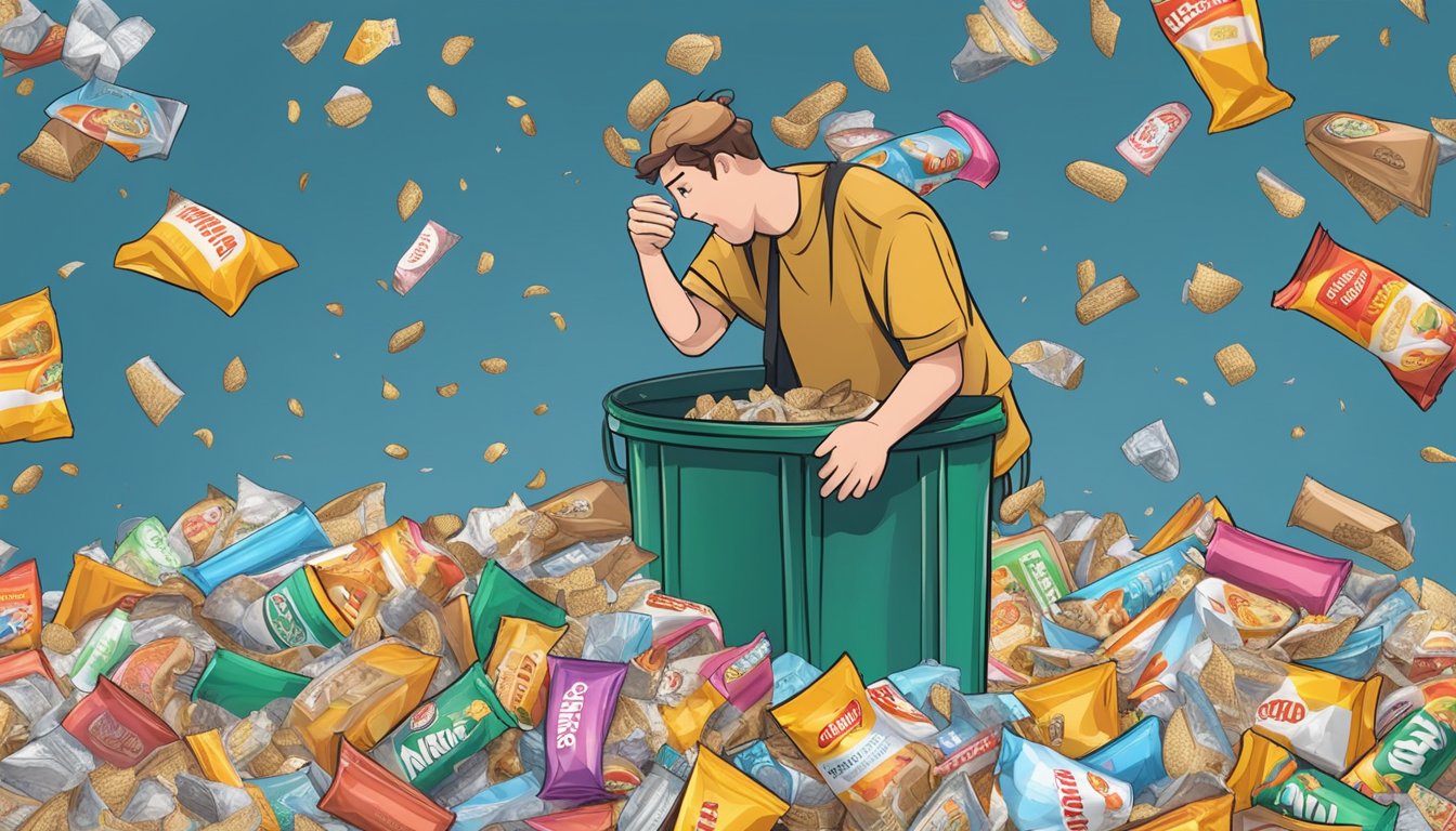 A pile of empty snack bar wrappers overflowing from a trash can, with a person looking overwhelmed by the large quantity