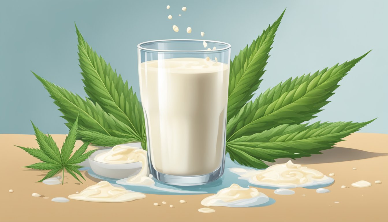 A glass of hemp milk overflowing with multiple servings, surrounded by spilled milk and a concerned expression