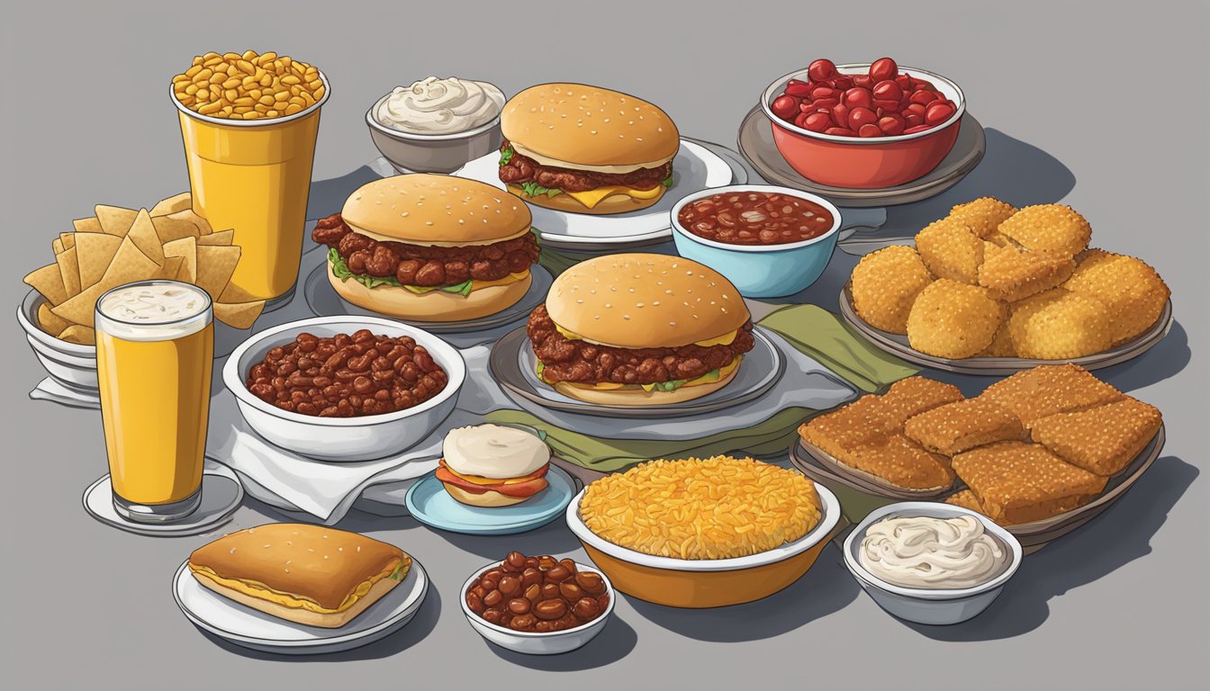 A table filled with iconic Nebraska dishes: cornhusker chili, runzas, bison burgers, and cherry pie