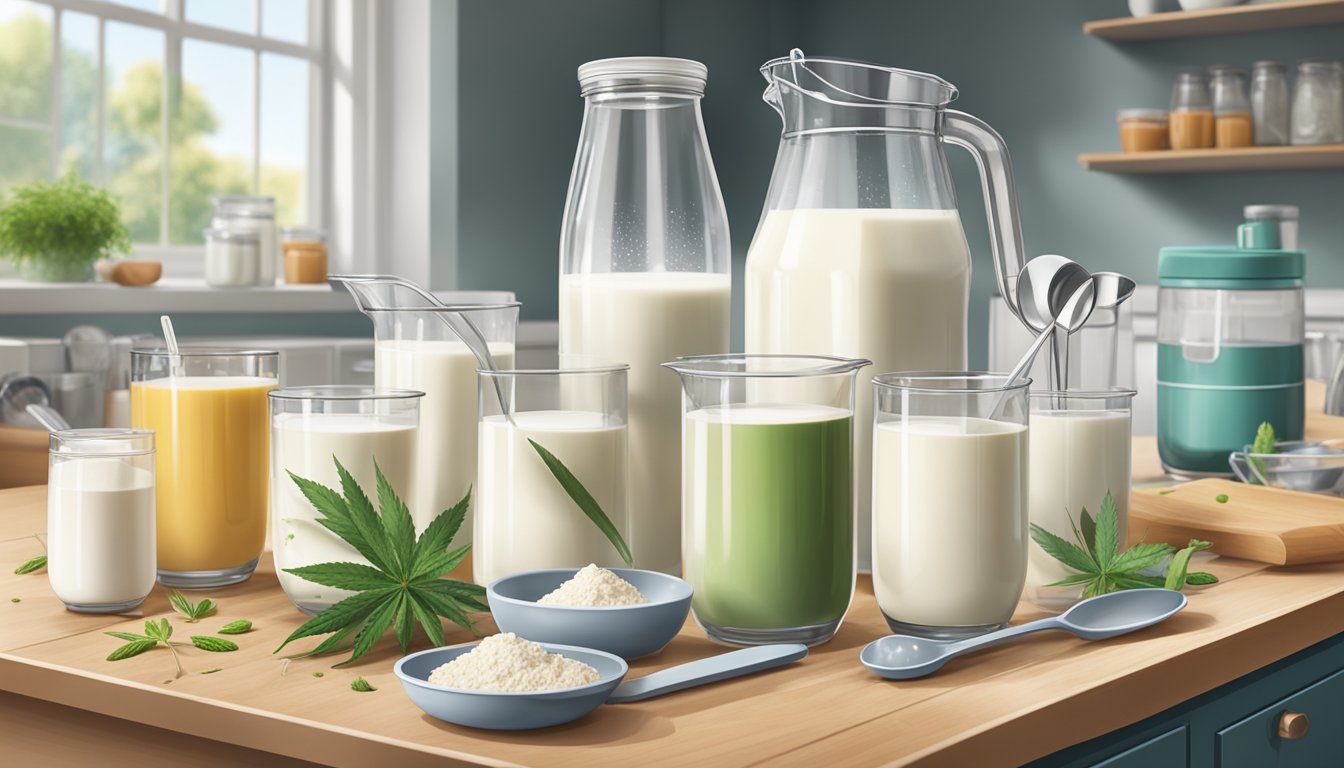 A kitchen counter with multiple empty and full hemp milk cartons, surrounded by various measuring cups and spoons