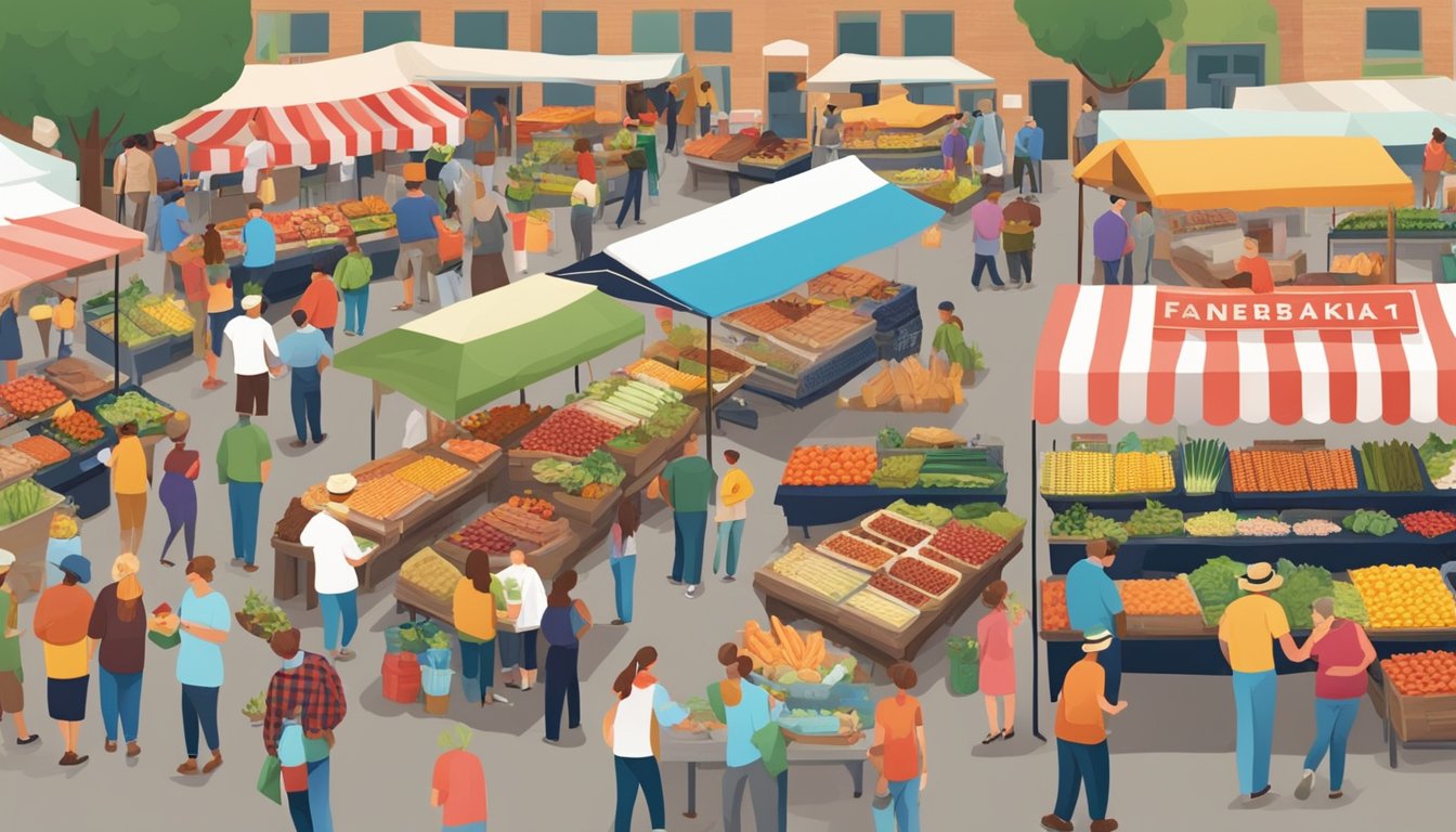 A bustling farmers market with vendors selling famous Nebraska beef, corn, and local produce. Tables of fresh, colorful food and people chatting and sampling