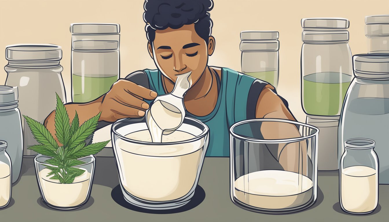 A person pouring excessive amounts of hemp milk into a large glass, with multiple empty containers of hemp milk surrounding them