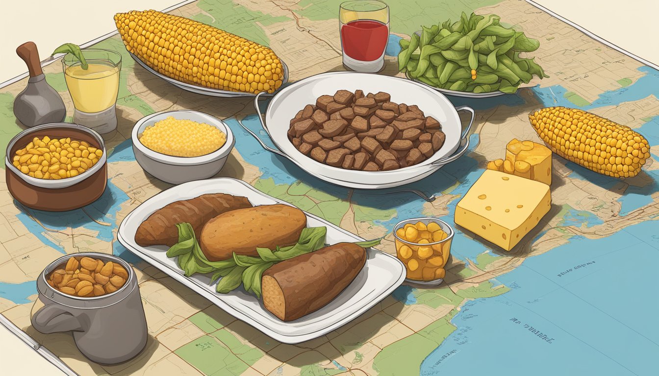 A table spread with Nebraska's famous food items: corn, beef, and cheese, alongside a map and travel souvenirs