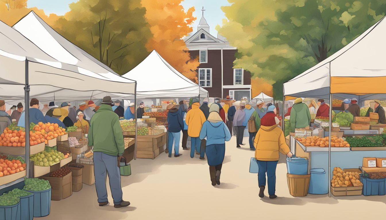 A bustling farmers' market in New Hampshire, with vendors selling maple syrup, apple cider, and fresh seafood