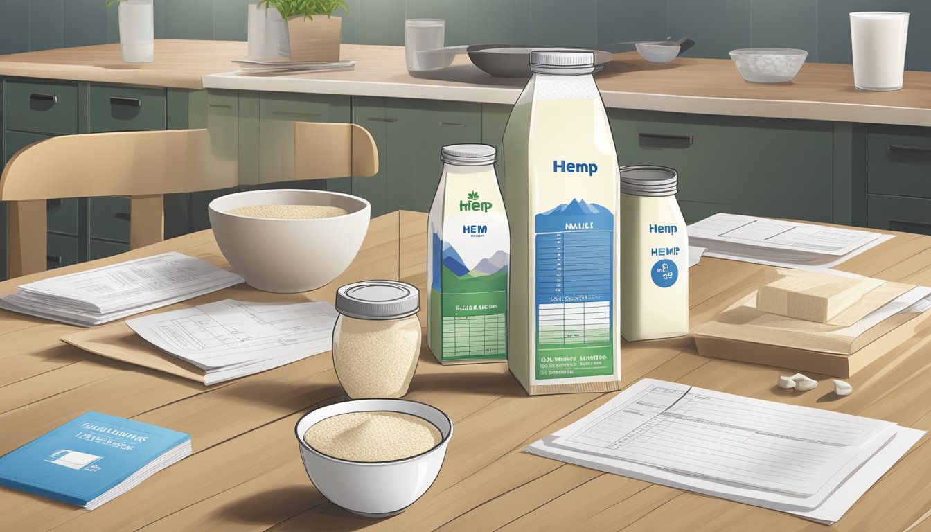 A table with various sizes of hemp milk cartons, surrounded by a ruler, nutrition labels, and a stack of regulatory documents