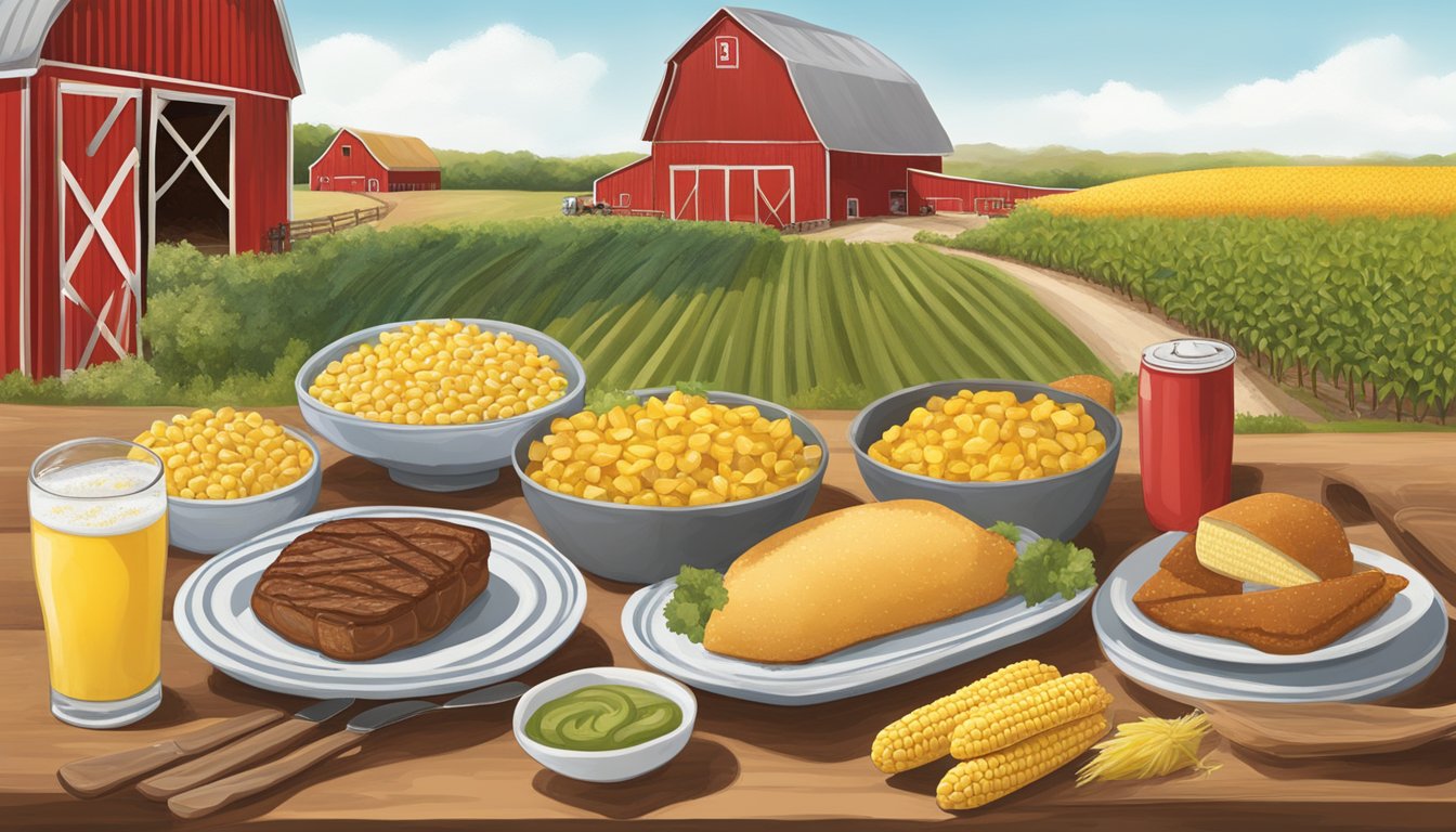 A table set with Nebraska's famous dishes: steak, corn on the cob, and Runzas, surrounded by farm fields and a big red barn