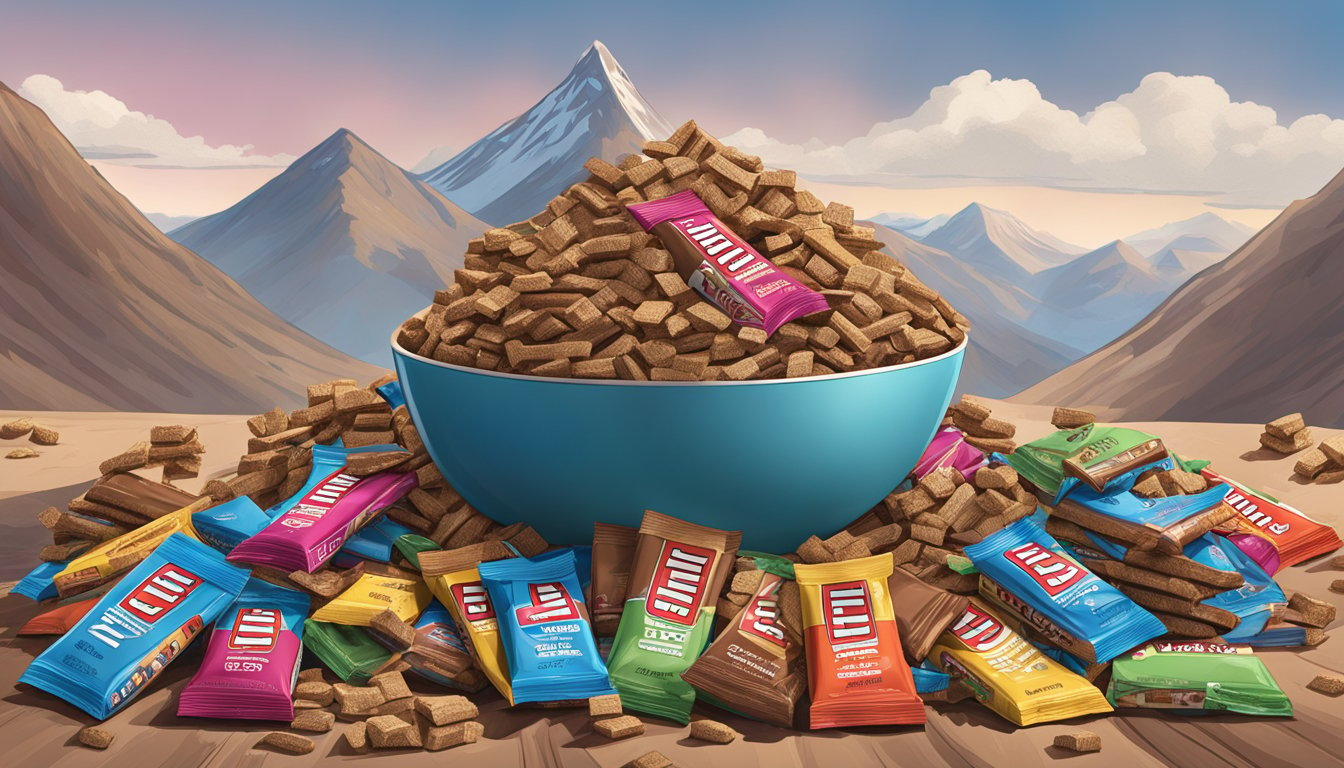 A mountain of Clif bars stacked high, overflowing from a large bowl, with a warning sign nearby